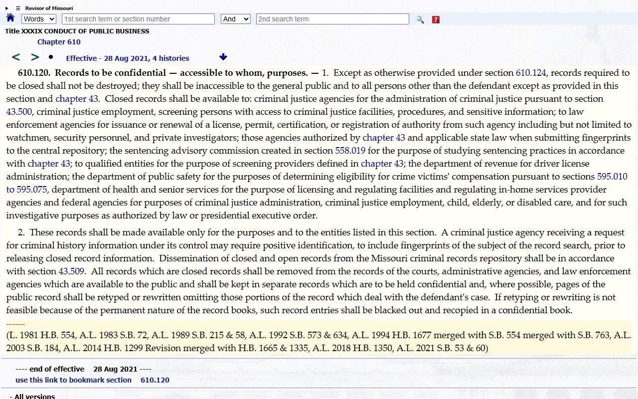 Benton County criminal court records Missouri closed criminal records statute