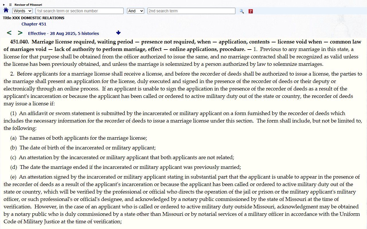 Benton County marriage records Missouri marriage license statute