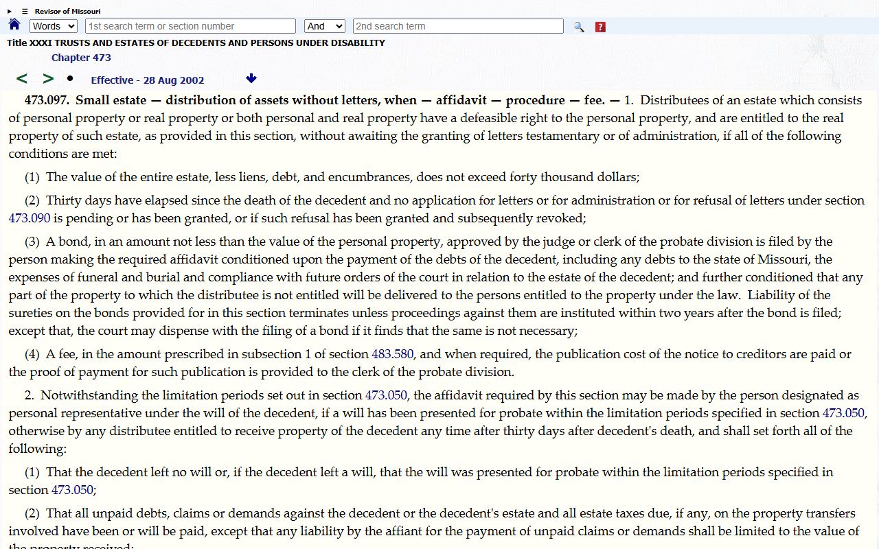 Benton County probate records Missouri small estate affidavit statute